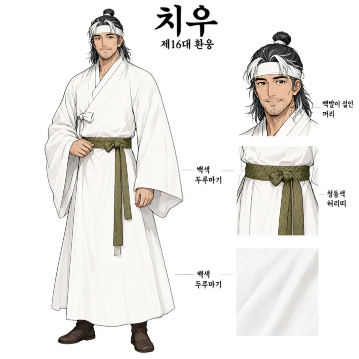 치우 캐릭터 마스터 시트: 흰 옷과 머리띠, 청동색 허리띠