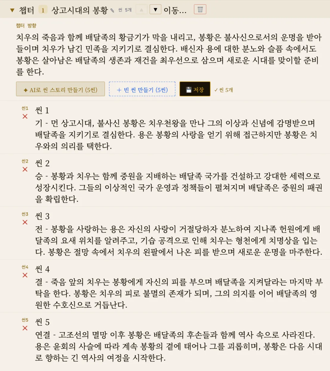 1챕터 상고시대의 봉황: 챕터 방향과 씬 1부터 씬 5까지의 가이드